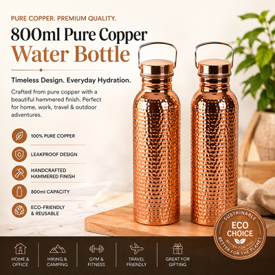 800ml Pure Copper Water Bottle | Hammered Leakproof Drinking Bottle for Travel, Home & Outdoor Use