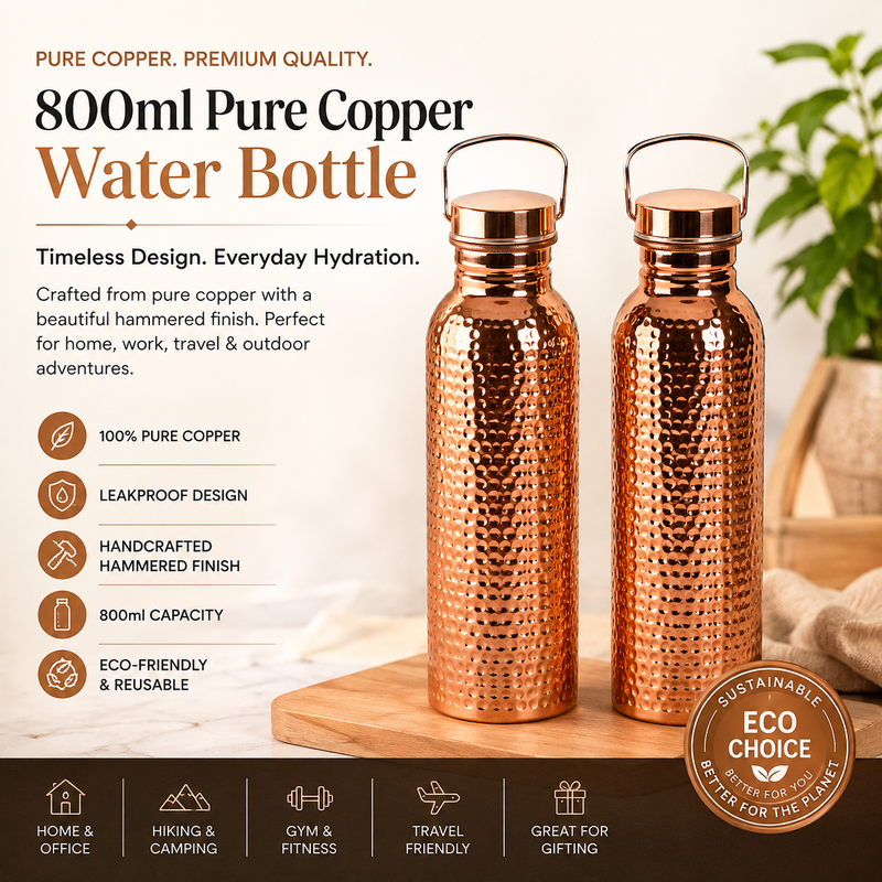 800ml Pure Copper Water Bottle | Hammered Leakproof Drinking Bottle for Travel, Home & Outdoor Use